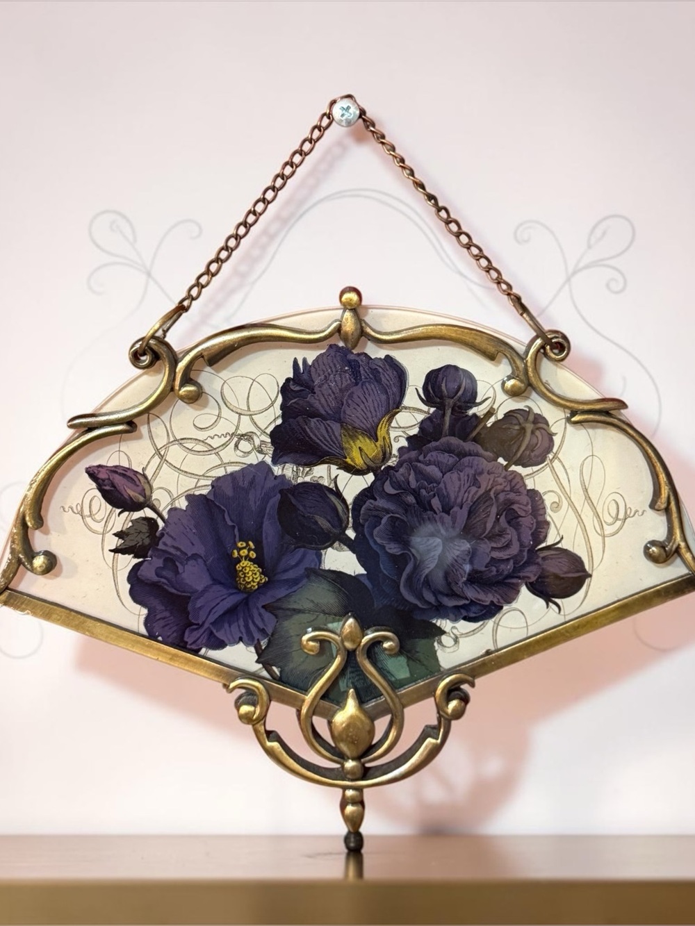 Vintage Art Nouveau Stained Glass Style Floral Fan Hanging Panel